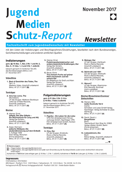 Cover der Ausgabe: JMS Jugend Medien Schutz-Report Jahrgang 40 (2017), Heft Newsletter 6