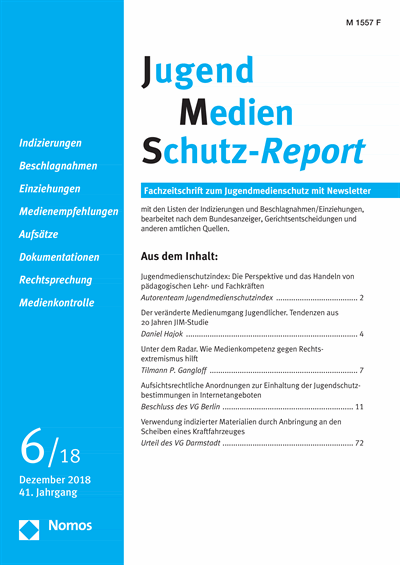 Cover der Ausgabe: JMS Jugend Medien Schutz-Report Jahrgang 41 (2018), Heft 6