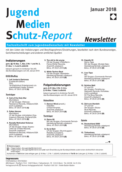 Cover der Ausgabe: JMS Jugend Medien Schutz-Report Jahrgang 41 (2018), Heft Newsletter 1
