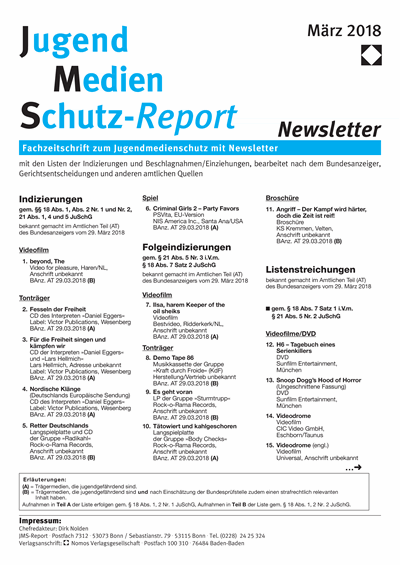 Cover der Ausgabe: JMS Jugend Medien Schutz-Report Jahrgang 41 (2018), Heft Newsletter 2