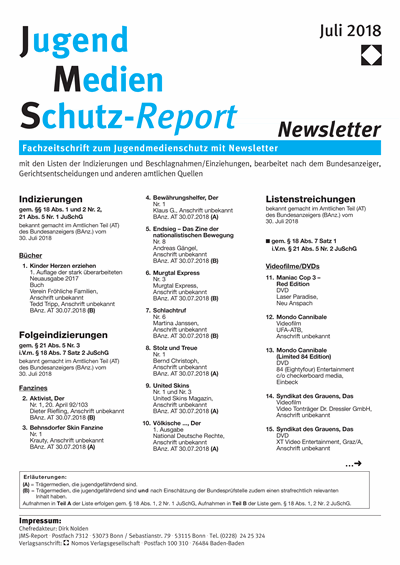 Cover der Ausgabe: JMS Jugend Medien Schutz-Report Jahrgang 41 (2018), Heft Newsletter 4