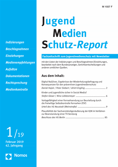 Cover der Ausgabe: JMS Jugend Medien Schutz-Report Jahrgang 42 (2019), Heft 1