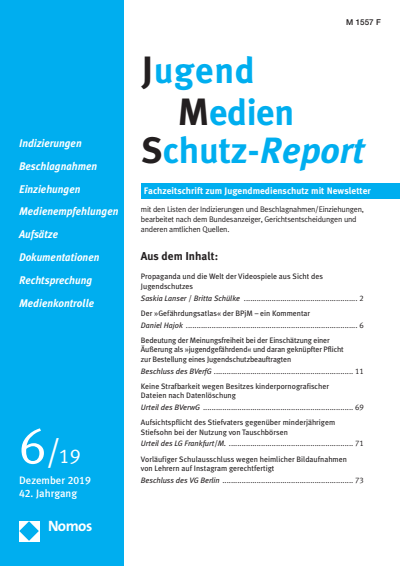 Cover der Ausgabe: JMS Jugend Medien Schutz-Report Jahrgang 42 (2019), Heft 6