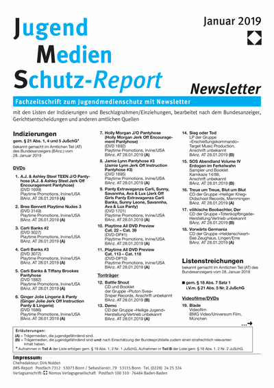 Cover der Ausgabe: JMS Jugend Medien Schutz-Report Jahrgang 42 (2019), Heft Newsletter 1