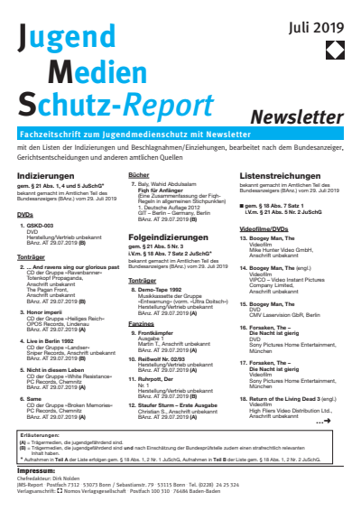 Cover der Ausgabe: JMS Jugend Medien Schutz-Report Jahrgang 42 (2019), Heft Newsletter 4