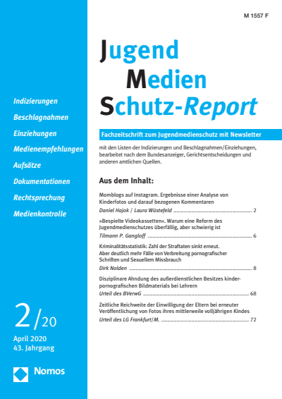 Cover der Ausgabe: JMS Jugend Medien Schutz-Report Jahrgang 43 (2020), Heft 2