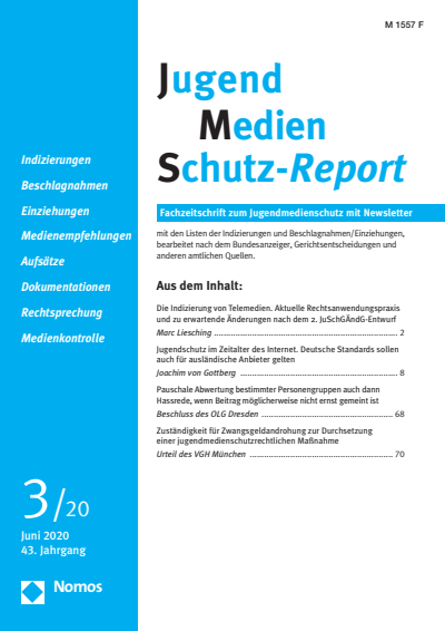 Cover der Ausgabe: JMS Jugend Medien Schutz-Report Jahrgang 43 (2020), Heft 3