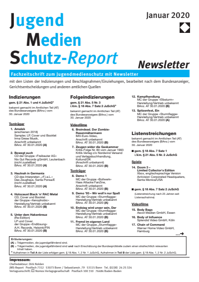 Cover der Ausgabe: JMS Jugend Medien Schutz-Report Jahrgang 43 (2020), Heft Newsletter 1