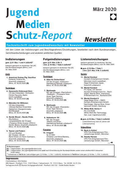 Cover der Ausgabe: JMS Jugend Medien Schutz-Report Jahrgang 43 (2020), Heft Newsletter 2