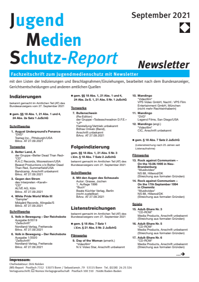 Cover der Ausgabe: JMS Jugend Medien Schutz-Report Jahrgang 44 (2021), Heft Newsletter 5