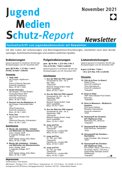 Cover der Ausgabe: JMS Jugend Medien Schutz-Report Jahrgang 44 (2021), Heft Newsletter 6