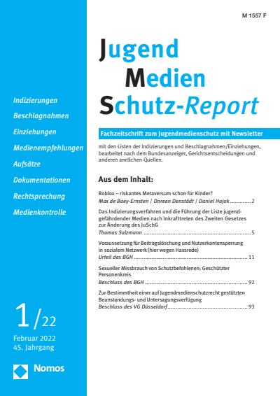 Cover of Volume: JMS Jugend Medien Schutz-Report Volume 45 (2022), Edition 1