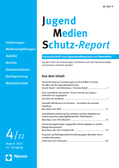 Cover der Ausgabe: JMS Jugend Medien Schutz-Report Jahrgang 45 (2022), Heft 4