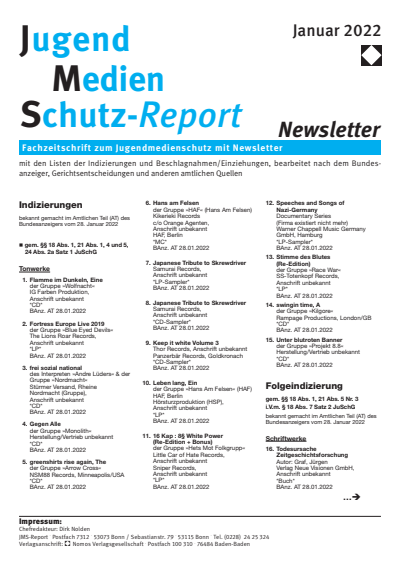 Cover of Volume: JMS Jugend Medien Schutz-Report Volume 45 (2022), Edition Newsletter 1