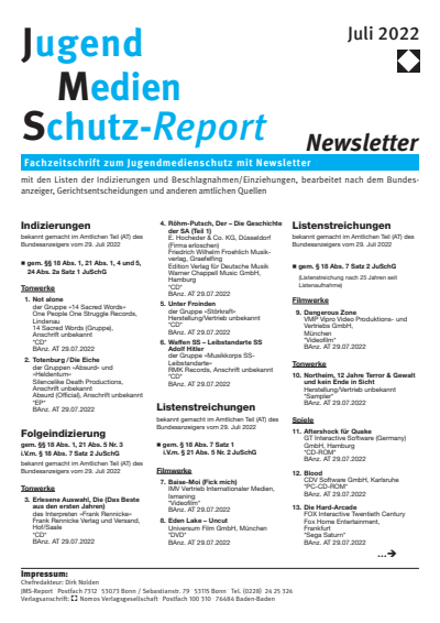 Cover of Volume: JMS Jugend Medien Schutz-Report Volume 45 (2022), Edition Newsletter 4