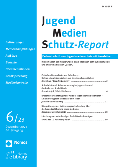 Cover der Ausgabe: JMS Jugend Medien Schutz-Report Jahrgang 46 (2023), Heft 6