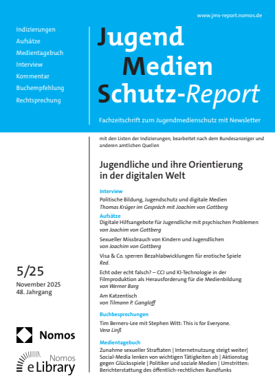 Cover der Ausgabe: JMS Jugend Medien Schutz-Report Jahrgang 48 (2025), Heft 5