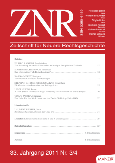 Cover of Volume: ZNR Zeitschrift für Neuere Rechtsgeschichte Volume 33 (2011), Edition 3-4