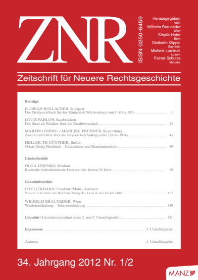 Cover of Volume: ZNR Zeitschrift für Neuere Rechtsgeschichte Volume 34 (2012), Edition 1-2