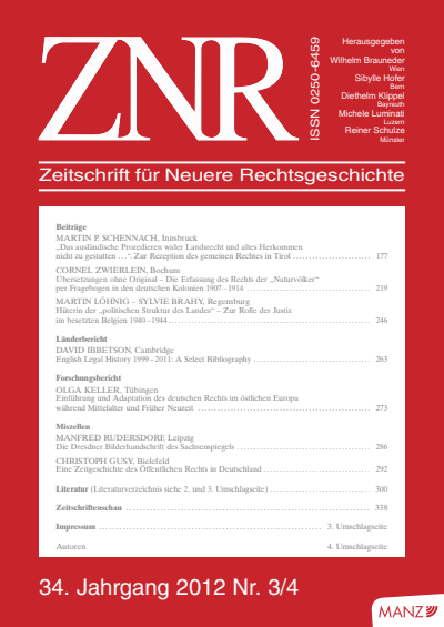 Cover of Volume: ZNR Zeitschrift für Neuere Rechtsgeschichte Volume 34 (2012), Edition 3-4
