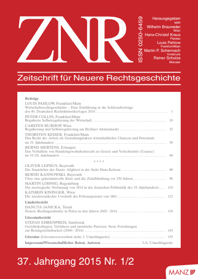 Cover of Volume: ZNR Zeitschrift für Neuere Rechtsgeschichte Volume 37 (2015), Edition 1-2