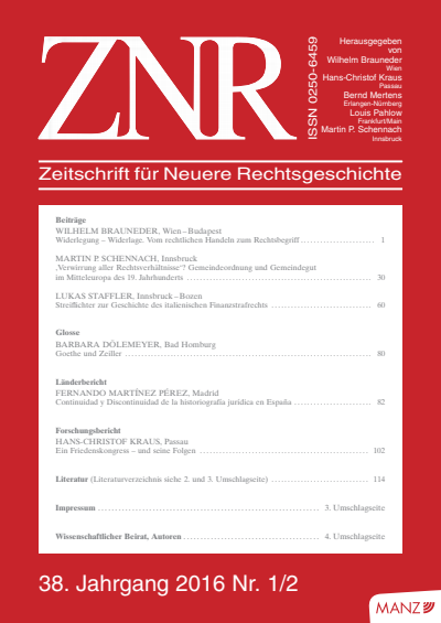 Cover of Volume: ZNR Zeitschrift für Neuere Rechtsgeschichte Volume 38 (2016), Edition 1-2