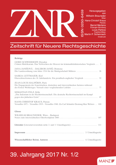 Cover of Volume: ZNR Zeitschrift für Neuere Rechtsgeschichte Volume 39 (2017), Edition 1-2