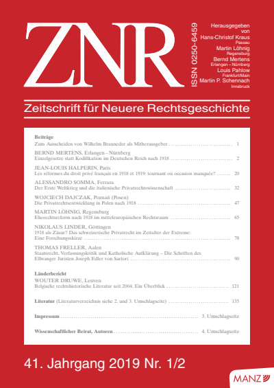 Cover of Volume: ZNR Zeitschrift für Neuere Rechtsgeschichte Volume 41 (2019), Edition 1-2