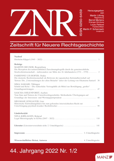 Cover of Volume: ZNR Zeitschrift für Neuere Rechtsgeschichte Volume 44 (2022), Edition 1-2
