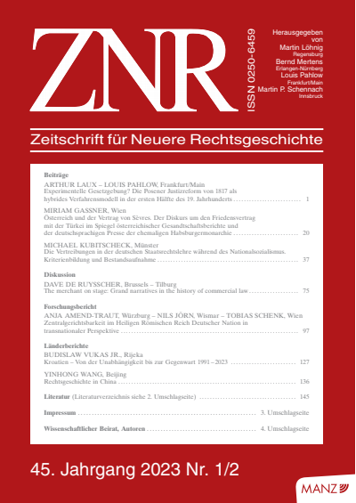 Cover der Ausgabe: ZNR Zeitschrift für Neuere Rechtsgeschichte Jahrgang 45 (2023), Heft 1