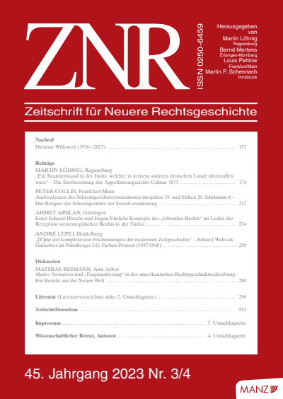 Cover der Ausgabe: ZNR Zeitschrift für Neuere Rechtsgeschichte Jahrgang 45 (2023), Heft 3-4