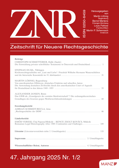 Cover der Ausgabe: ZNR Zeitschrift für Neuere Rechtsgeschichte Jahrgang 47 (2025), Heft 1-2