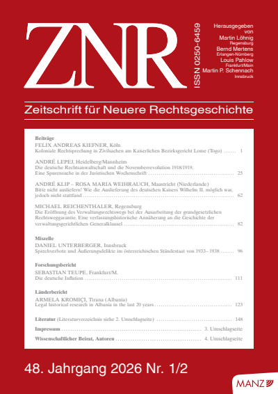 Cover der Ausgabe: ZNR Zeitschrift für Neuere Rechtsgeschichte Jahrgang 48 (2026), Heft 1-2