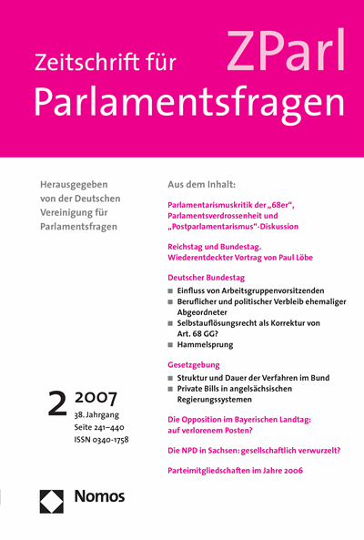 Cover der Ausgabe: ZParl Zeitschrift für Parlamentsfragen Jahrgang 38 (2007), Heft 2