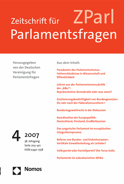 Cover der Ausgabe: ZParl Zeitschrift für Parlamentsfragen Jahrgang 38 (2007), Heft 4