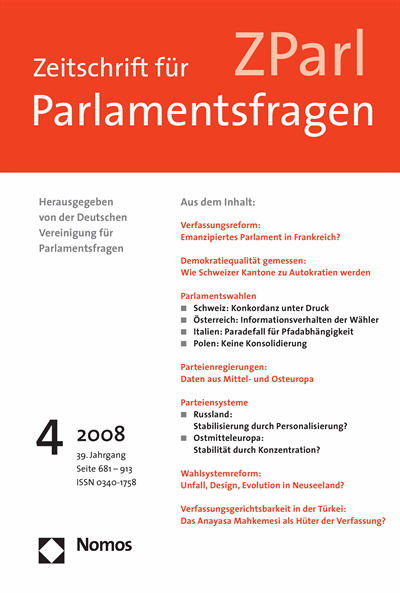 Cover der Ausgabe: ZParl Zeitschrift für Parlamentsfragen Jahrgang 39 (2008), Heft 4