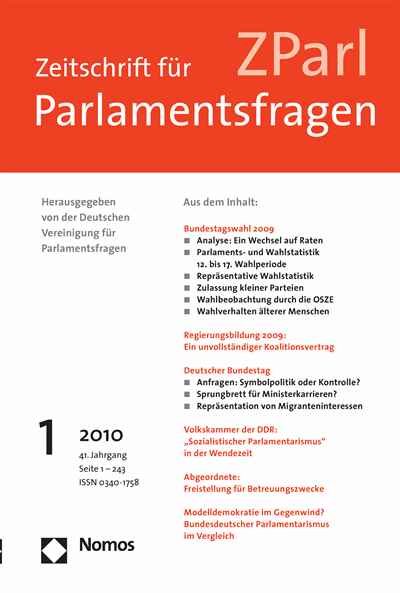 Cover der Ausgabe: ZParl Zeitschrift für Parlamentsfragen Jahrgang 41 (2010), Heft 1
