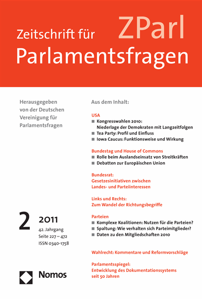 Cover der Ausgabe: ZParl Zeitschrift für Parlamentsfragen Jahrgang 42 (2011), Heft 2