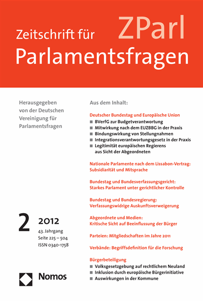 Cover der Ausgabe: ZParl Zeitschrift für Parlamentsfragen Jahrgang 43 (2012), Heft 2
