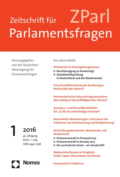 Cover der Ausgabe: ZParl Zeitschrift für Parlamentsfragen Jahrgang 47 (2016), Heft 1