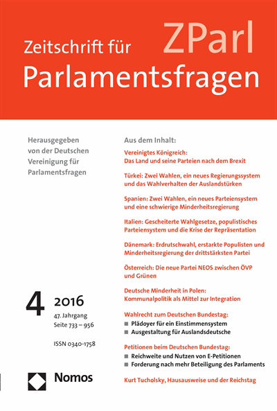 Cover der Ausgabe: ZParl Zeitschrift für Parlamentsfragen Jahrgang 47 (2016), Heft 4
