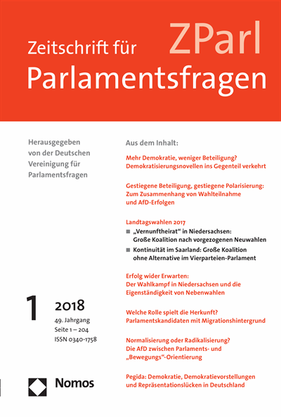 Cover der Ausgabe: ZParl Zeitschrift für Parlamentsfragen Jahrgang 49 (2018), Heft 1