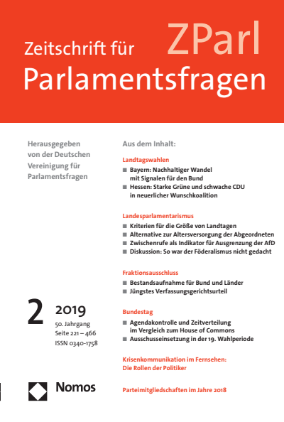 Cover der Ausgabe: ZParl Zeitschrift für Parlamentsfragen Jahrgang 50 (2019), Heft 2