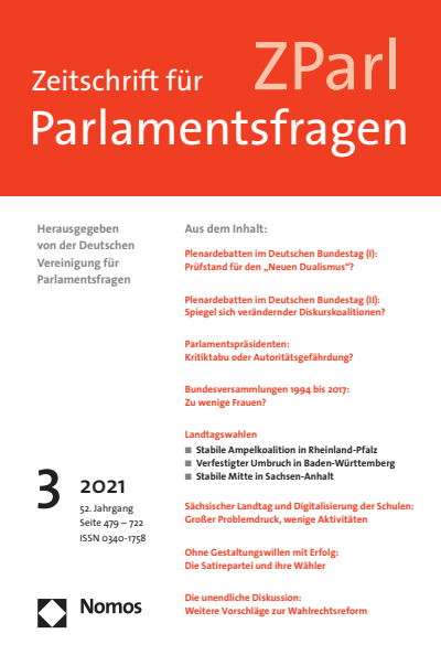 Cover der Ausgabe: ZParl Zeitschrift für Parlamentsfragen Jahrgang 52 (2021), Heft 3