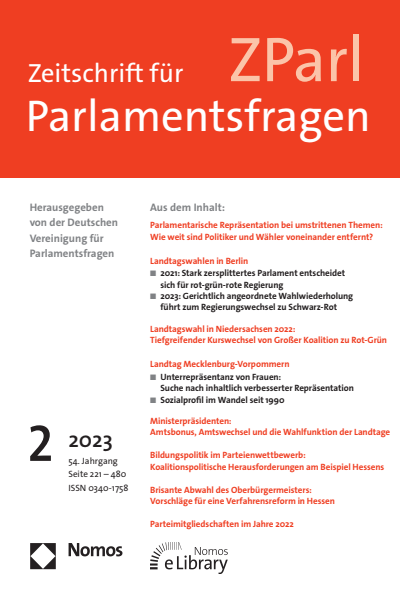 Cover der Ausgabe: ZParl Zeitschrift für Parlamentsfragen Jahrgang 54 (2023), Heft 2