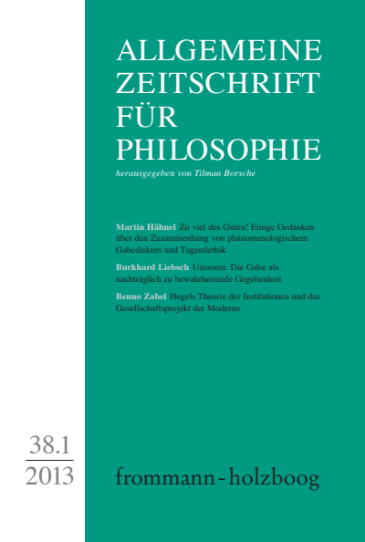 Cover der Ausgabe: Allgemeine Zeitschrift für Philosophie (AZP) Jahrgang 38 (2013), Heft 1