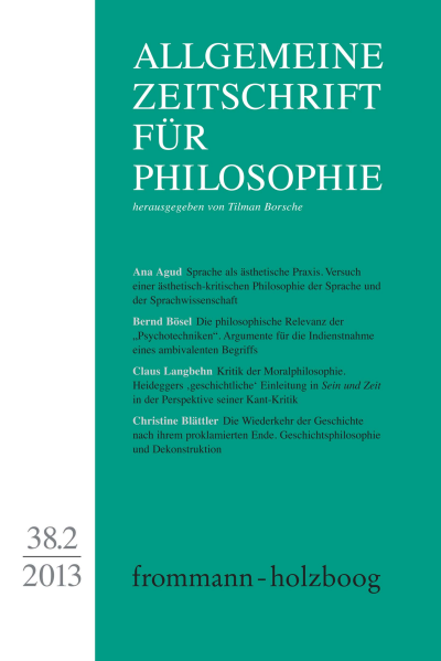 Cover der Ausgabe: Allgemeine Zeitschrift für Philosophie (AZP) Jahrgang 38 (2013), Heft 2