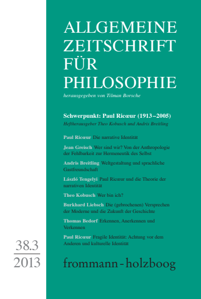 Cover der Ausgabe: Allgemeine Zeitschrift für Philosophie (AZP) Jahrgang 38 (2013), Heft 3