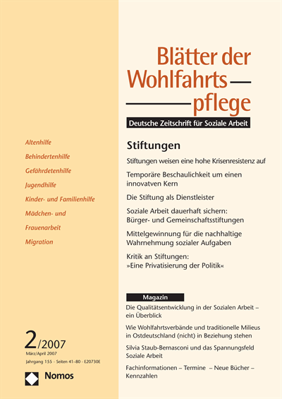 Cover der Ausgabe: Blätter der Wohlfahrtspflege (BdW) Jahrgang 154 (2007), Heft 2