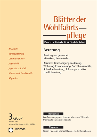 Cover der Ausgabe: Blätter der Wohlfahrtspflege (BdW) Jahrgang 154 (2007), Heft 3